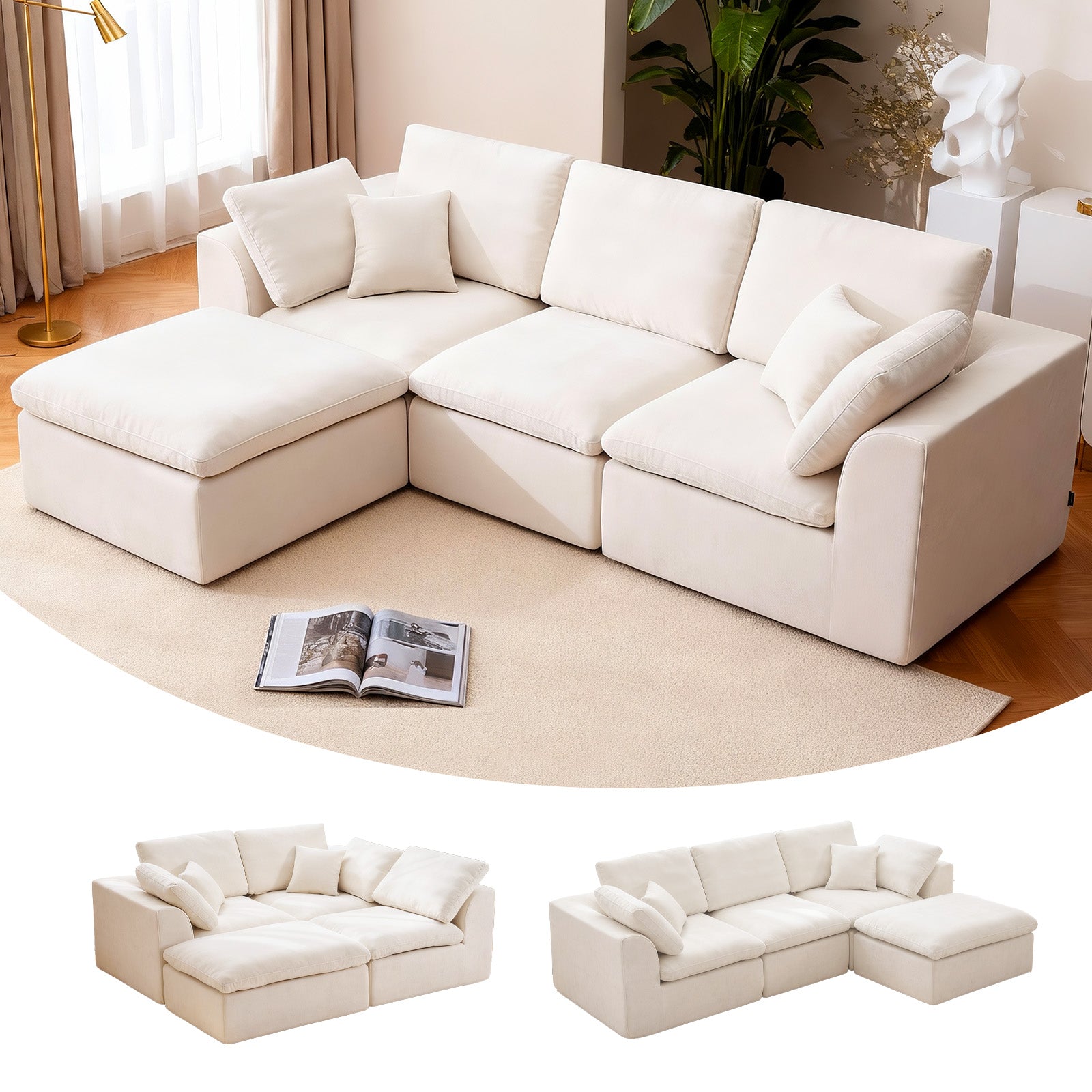 110.24" Convertible L Shaped Boneless Couch with Ottoman