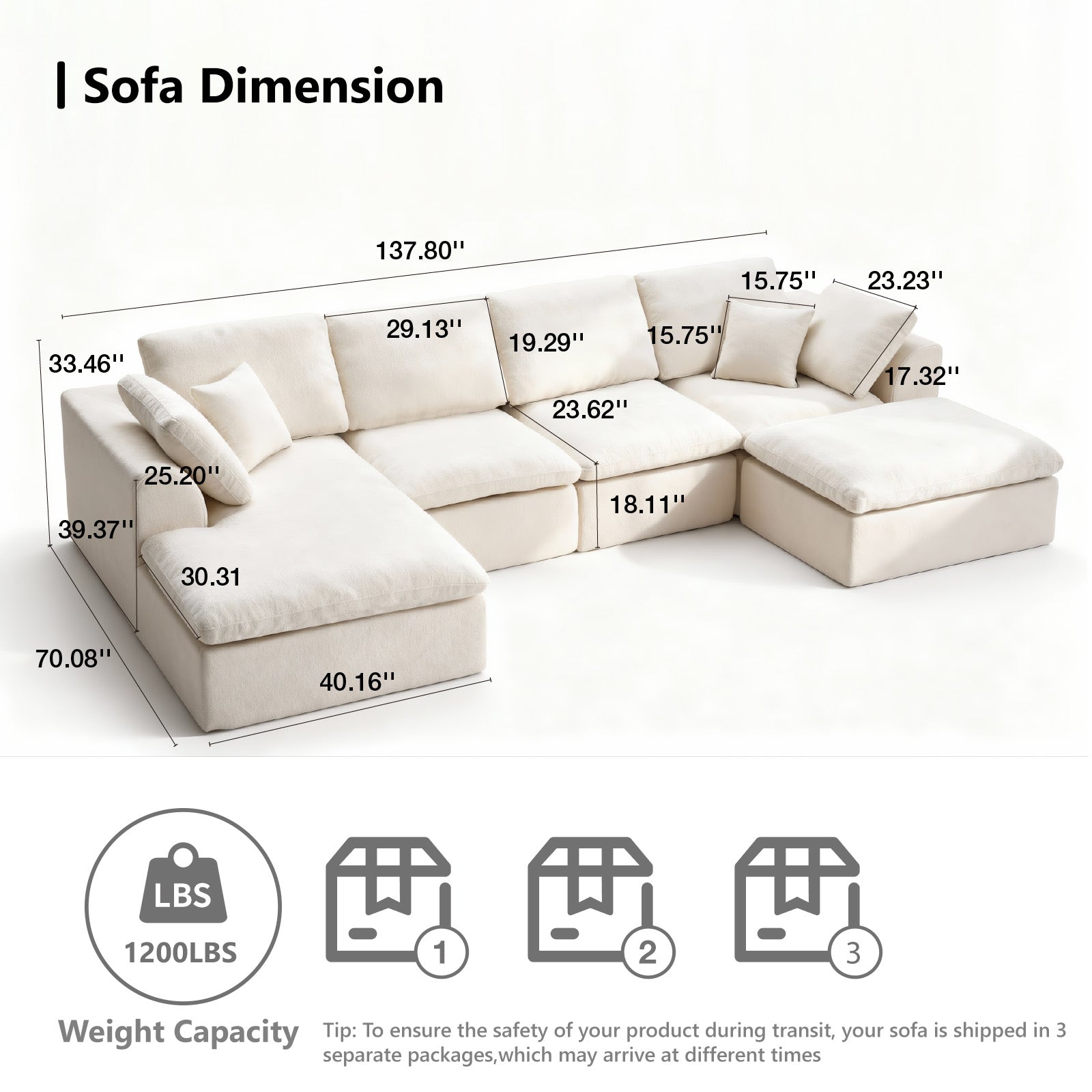 137.8" U Shaped Sectional Couch with Movable Ottoman