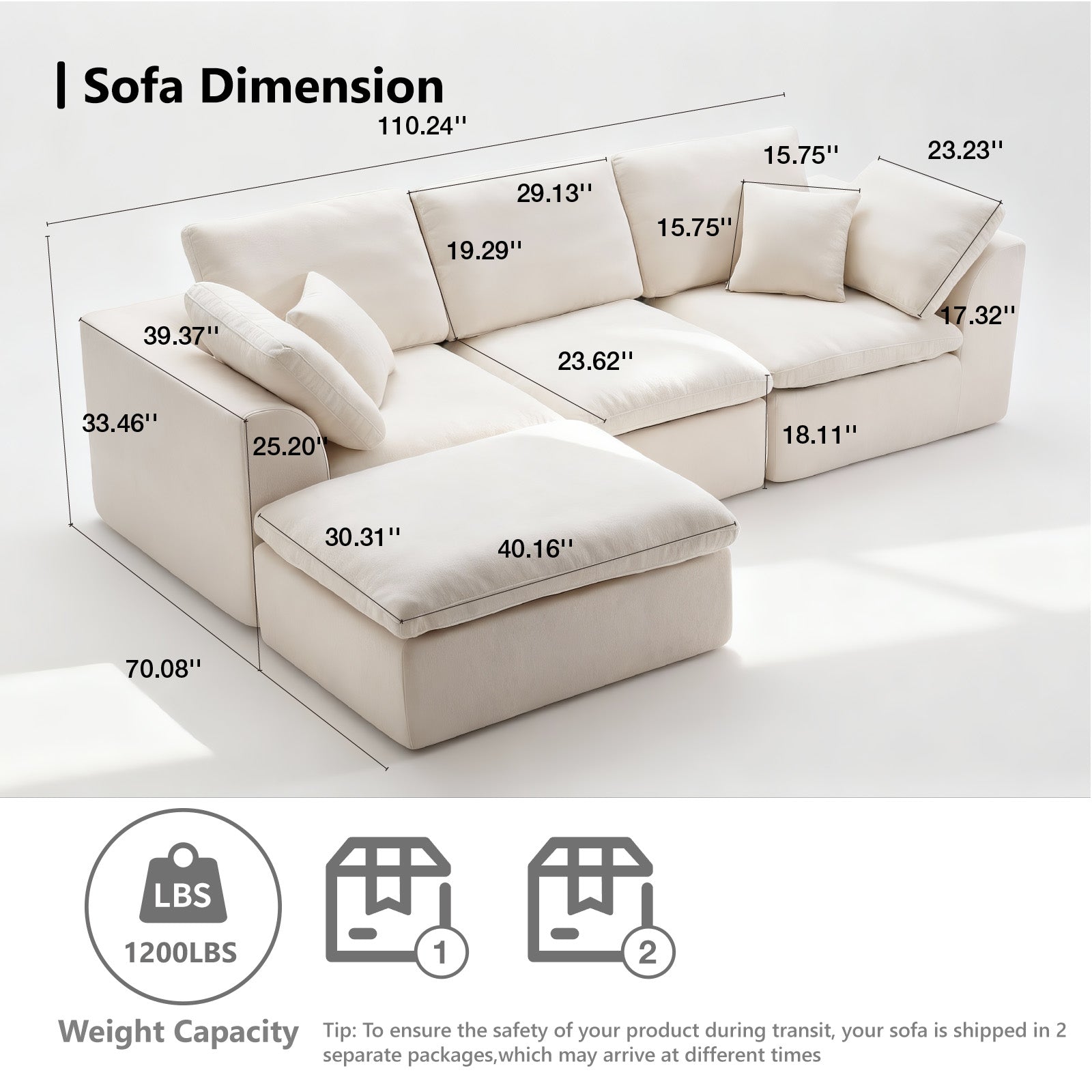 110.24" Convertible L Shaped Boneless Couch with Ottoman