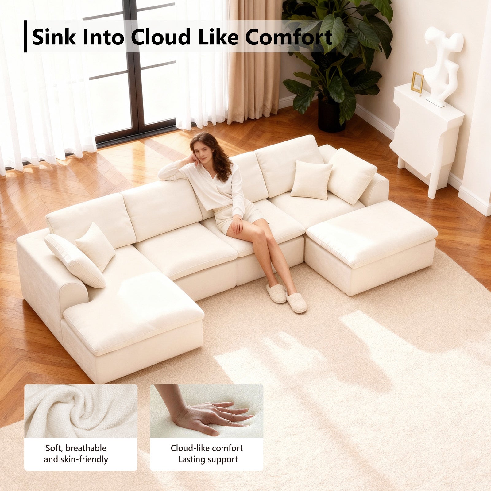 137.8" U Shaped Sectional Couch with Movable Ottoman