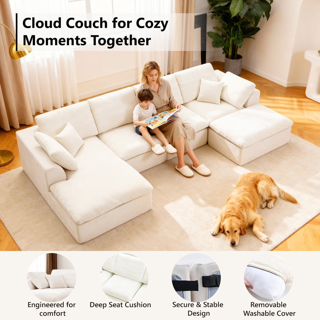 137.8" U Shaped Sectional Couch with Movable Ottoman